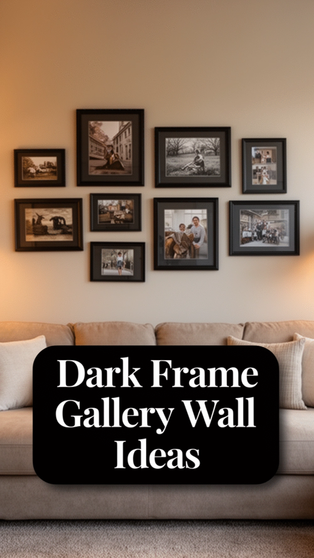 Small Living Room Gallery Wall in Dark Frames That Works with a Deep Colour Scheme