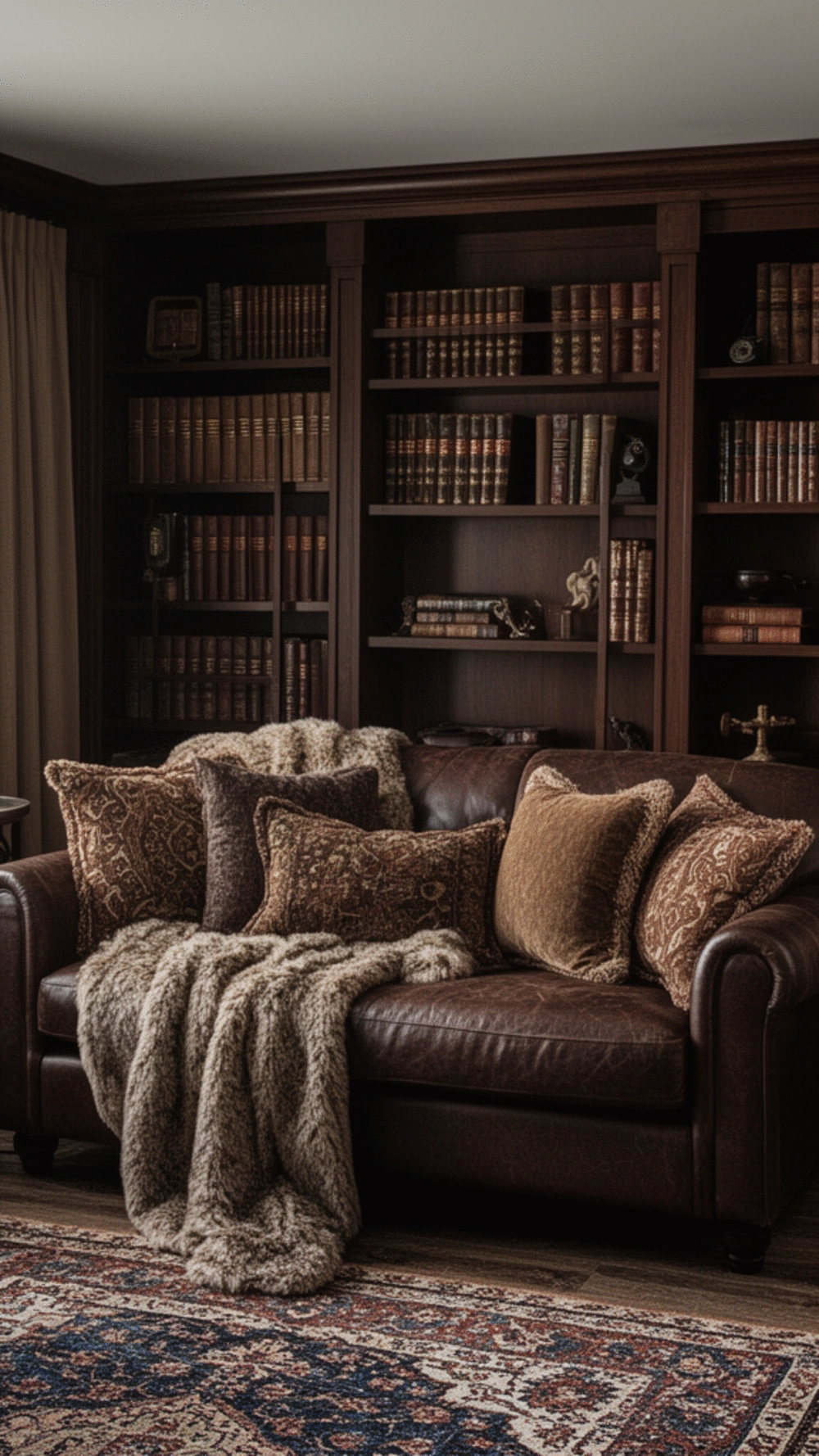 Small Living Room Dark Brown Leather Sofa That Anchors a Dark Academia Aesthetic