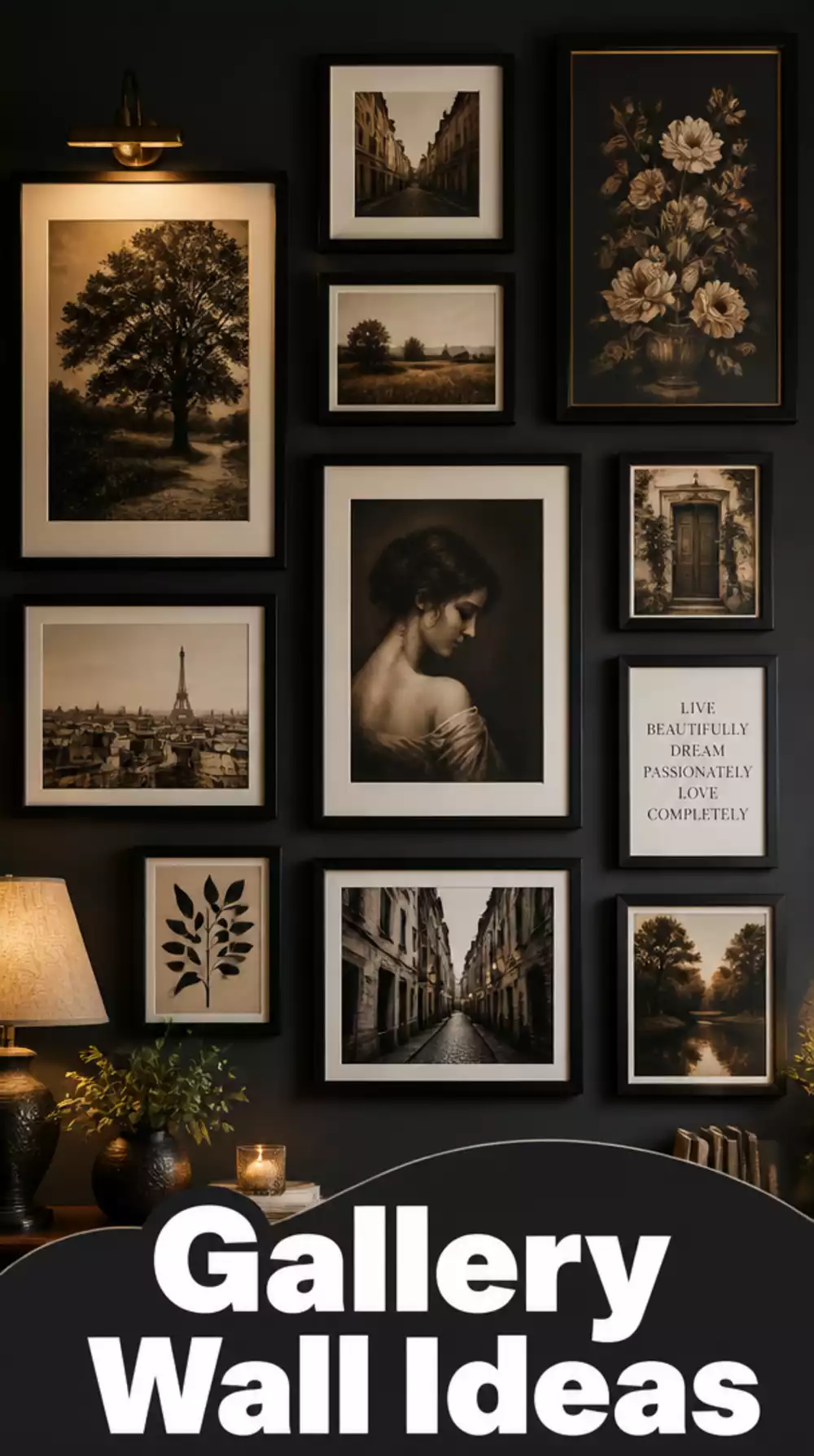 Living Room Dark Gallery Wall With Black Frames in a Small Moody Compact Space