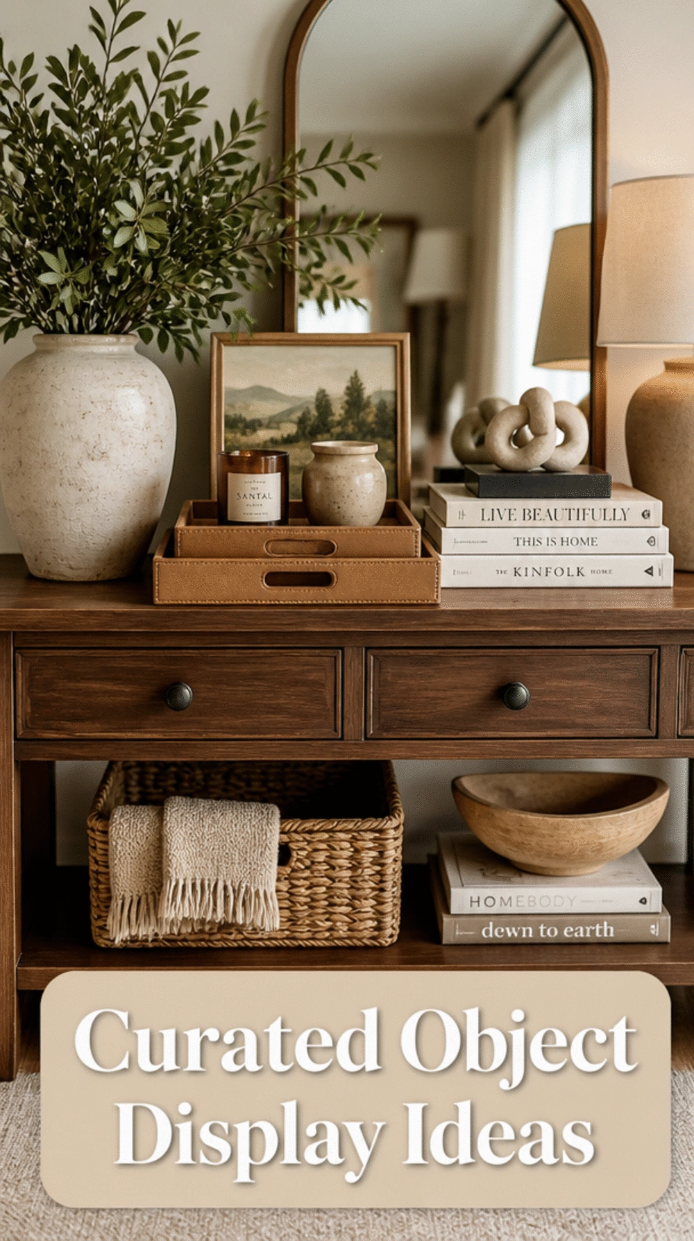 Living Room Curated Object Display on a Small TV-Free Console That Makes a Tiny Space Feel Collected