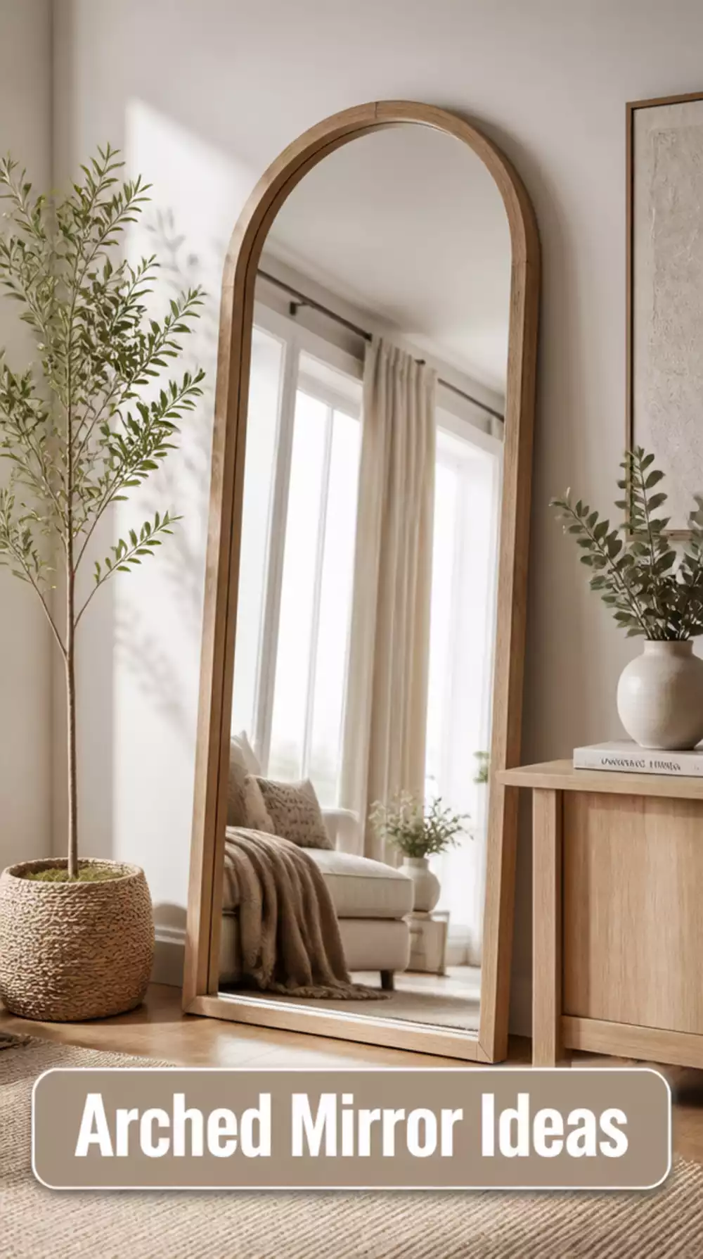 Small Living Room Arched Floor Mirror in Raw Wood Frame That Fills a Tiny Blank Wall