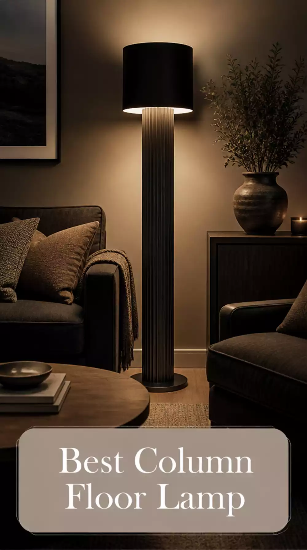 Living Room Column Floor Lamp in Matte Black That Anchors a Small Moody Compact Space