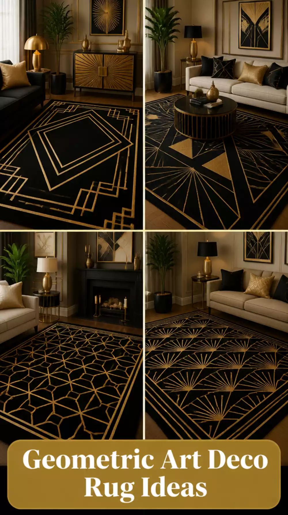 Small Living Room Geometric Art Deco Rug in Black and Gold That Anchors a Tiny Glamorous Space