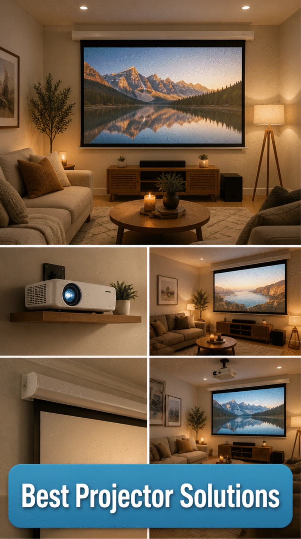 Small TV-Free Living Room Projector and Pull-Down Screen That Disappears When Not in Use