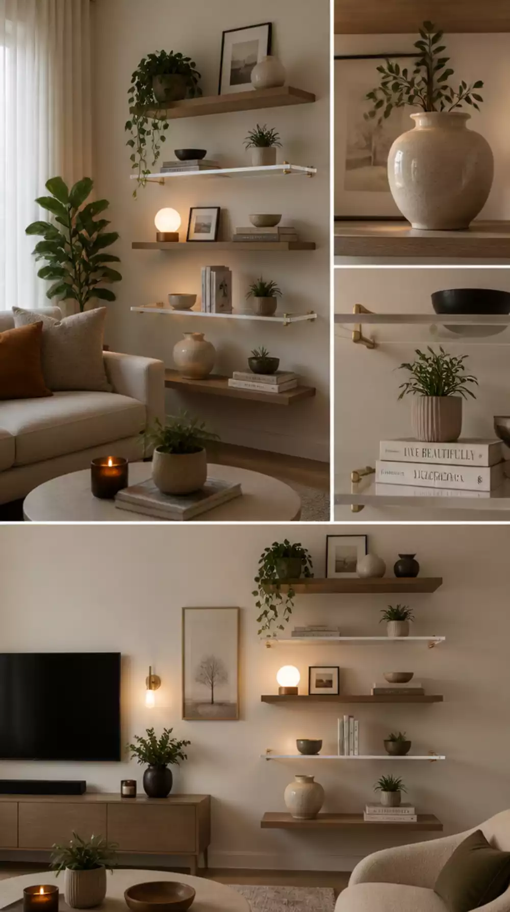 Small Living Room Open Shelf Styled With a Rule-of-Thirds Object Layout That Looks Effortless