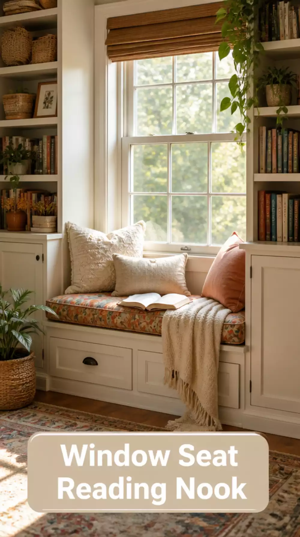 Living Room Built-In Window Seat With Cushion That Doubles as a Reading Nook in a Small Space