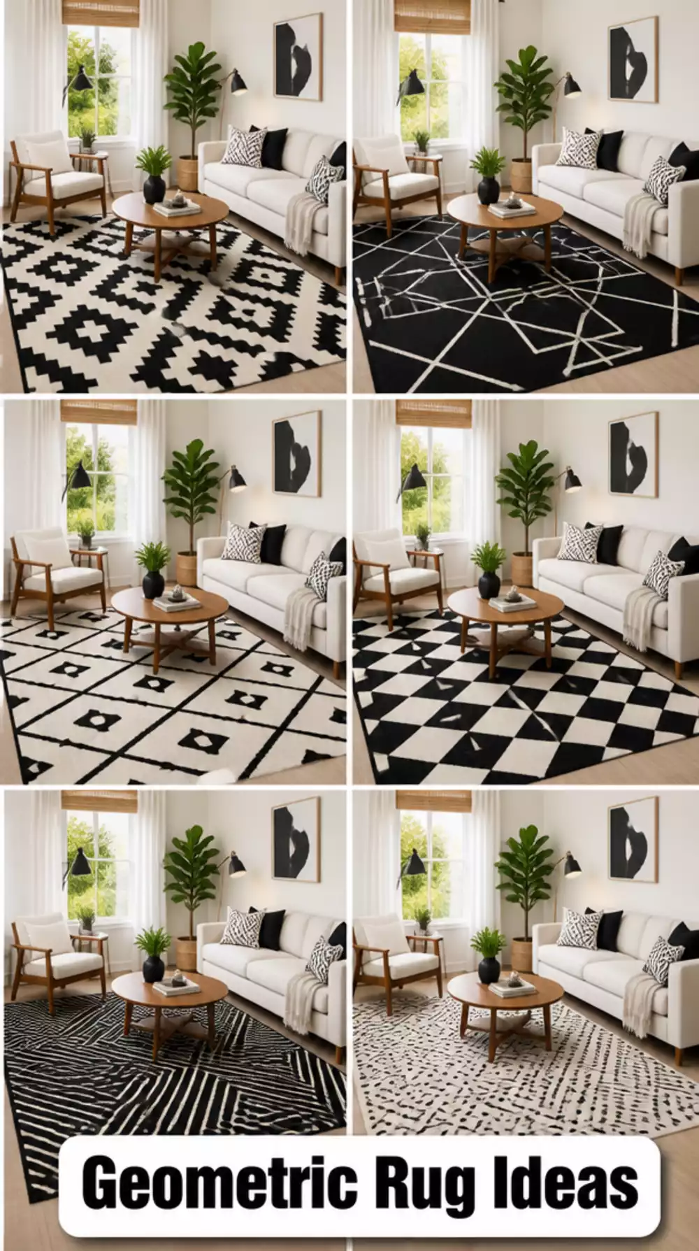 Living Room Black and White Geometric Rug in a Small Space That Adds Graphic Energy to the Floor