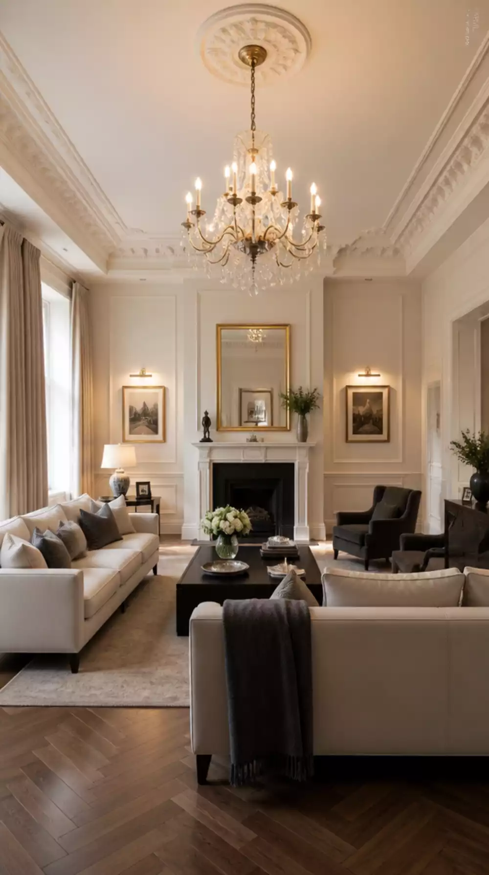 Living Room Period Cornice Highlighted in Warm White That Makes a Small Terraced Room Feel Taller