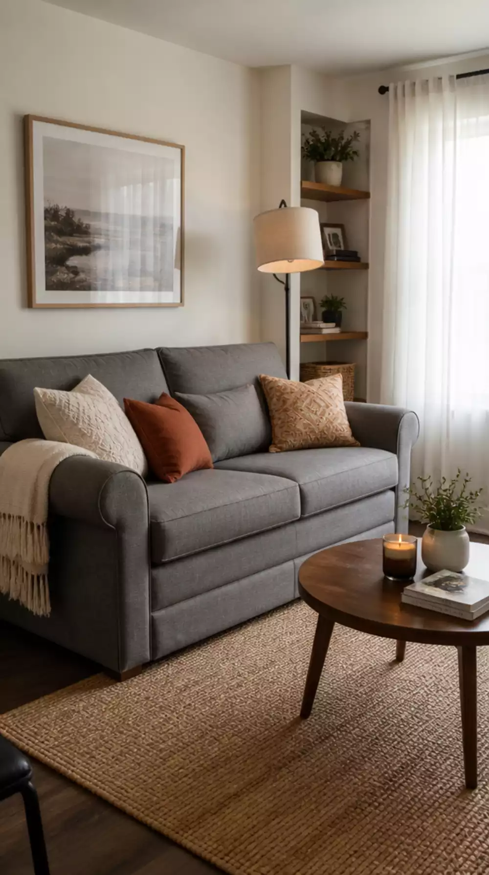 Small Living Room Transitional Sofa With Rolled Arms in Warm Grey Linen for a Tiny Space