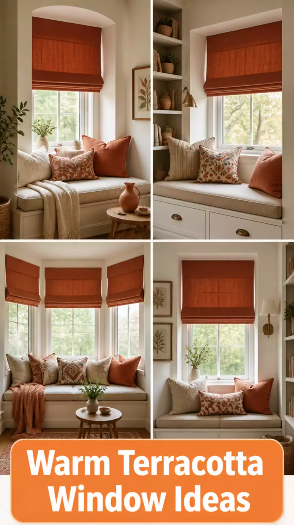 Living Room Roman Blind in a Warm Terracotta Print for a Small Styled Window Alcove