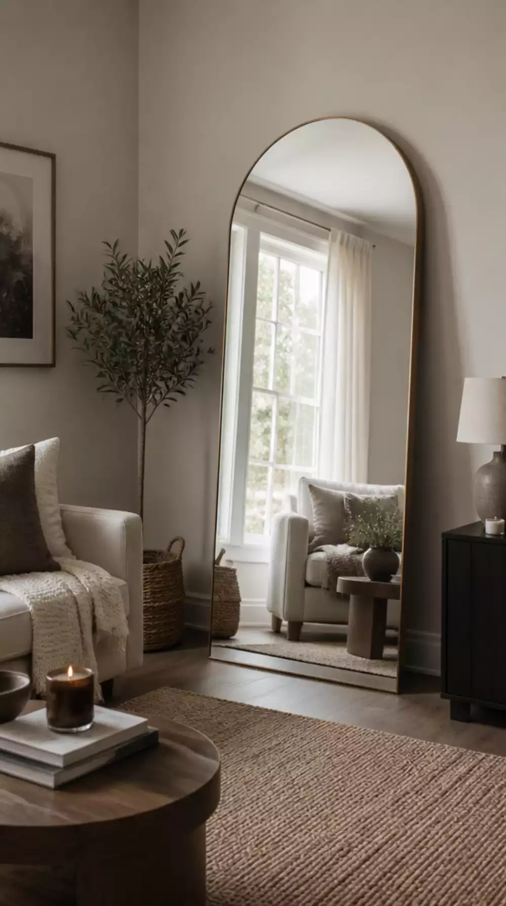 Small Living Room Large Arched Mirror Leaning Against the Wall That Makes a Tiny Space Feel Grand
