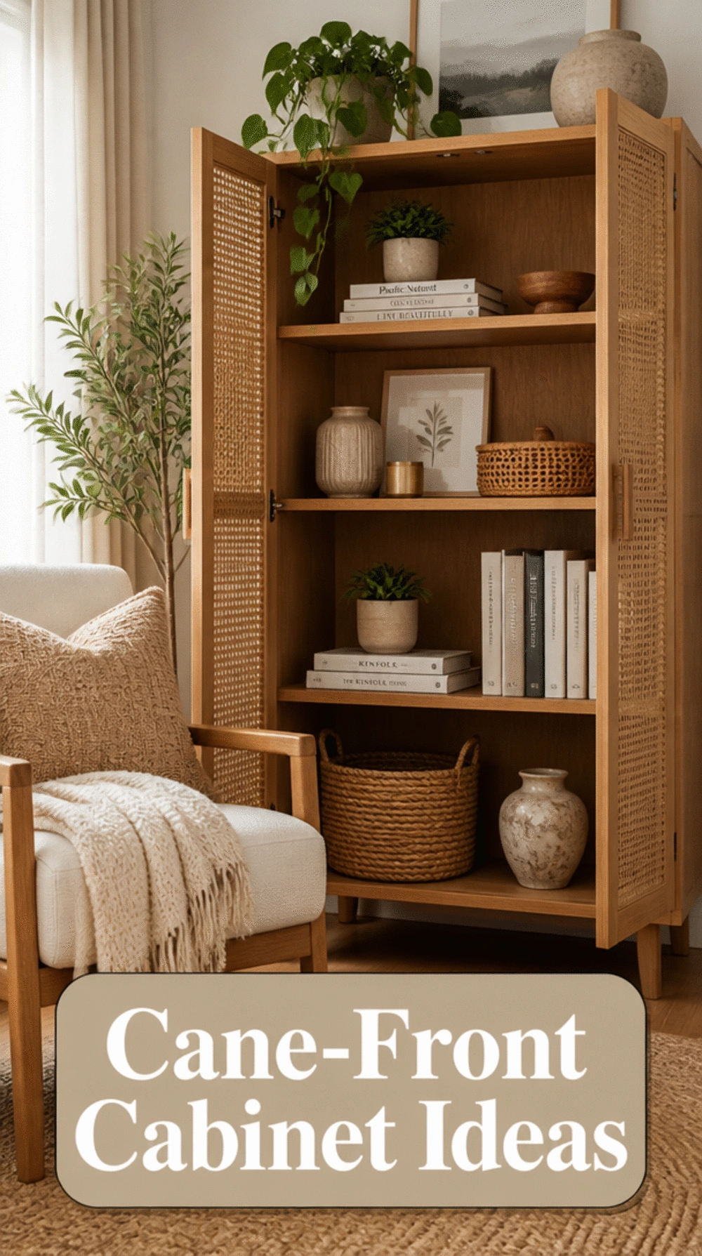 Living Room Cane-Front Cabinet in a Small Space That Adds Organic Texture Without Visual Weight