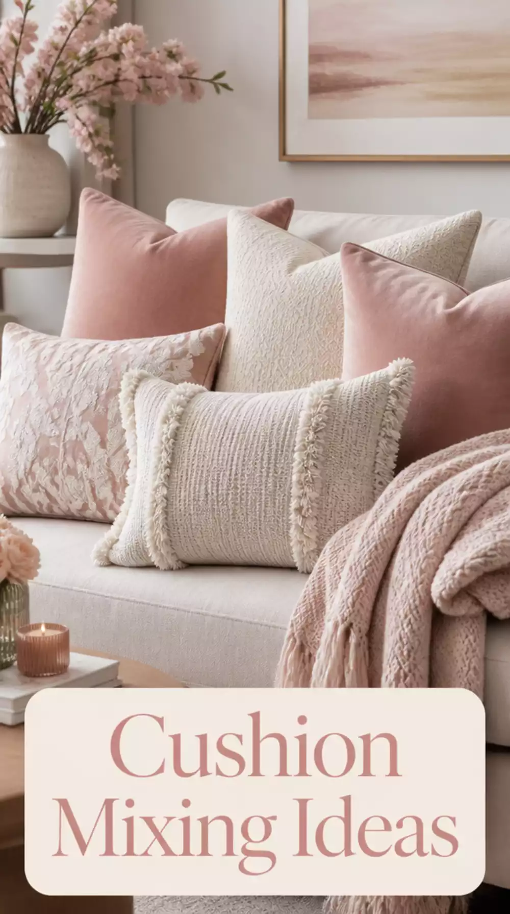 Small Living Room Blush and Cream Cushion Mix That Layers Softness Onto a Neutral Tiny Sofa