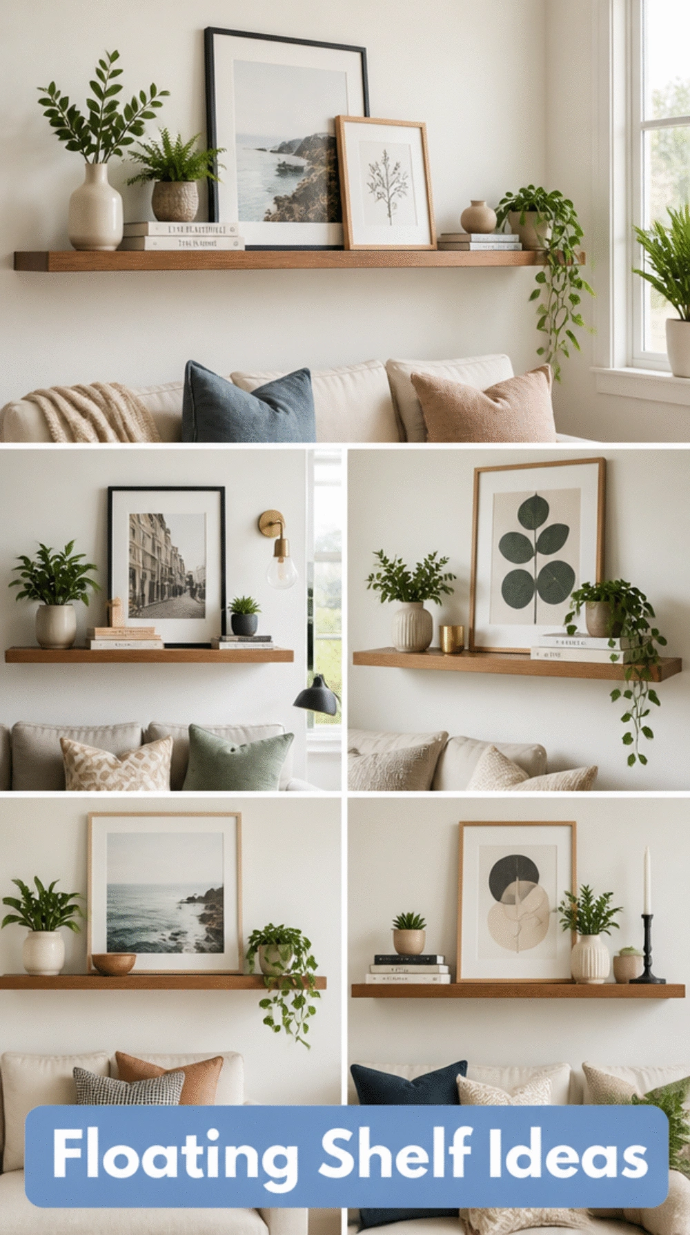 Small Living Room Floating Ledge Shelf With Leaning Art That Keeps a Tiny Wall Fresh