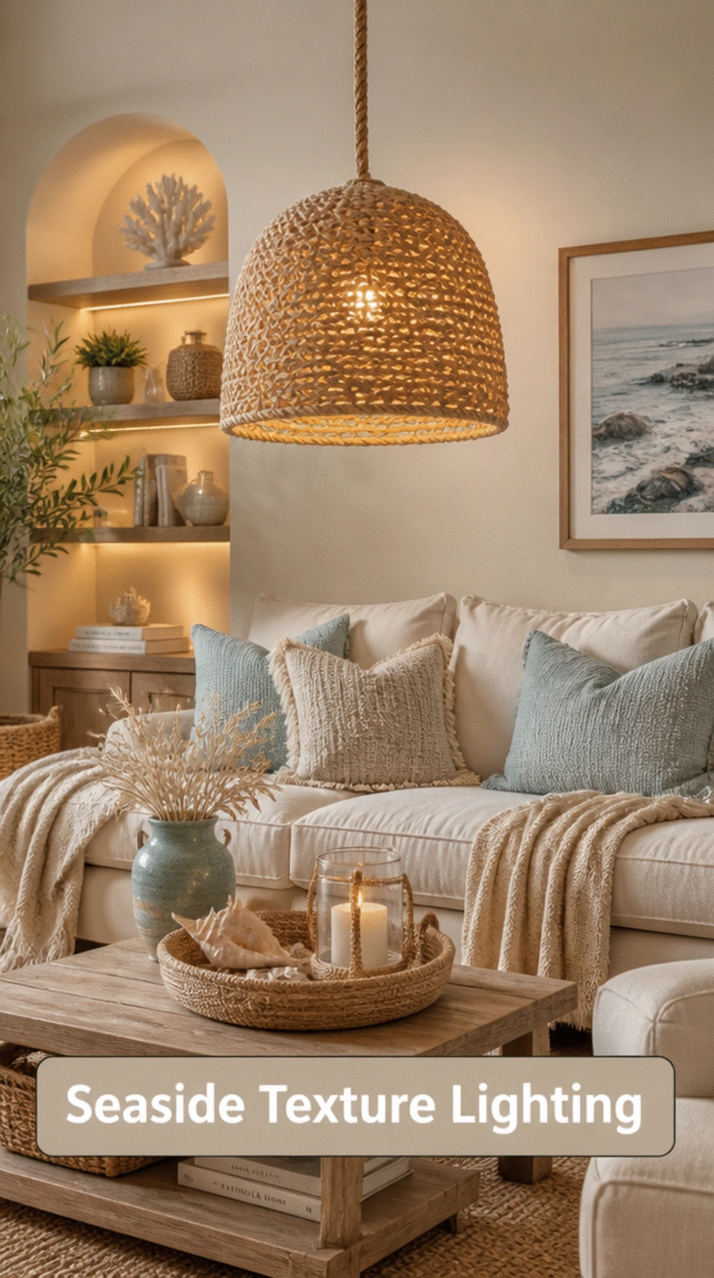 Living Room Natural Rope Pendant Light in a Small Hamptons Space That Adds Seaside Texture