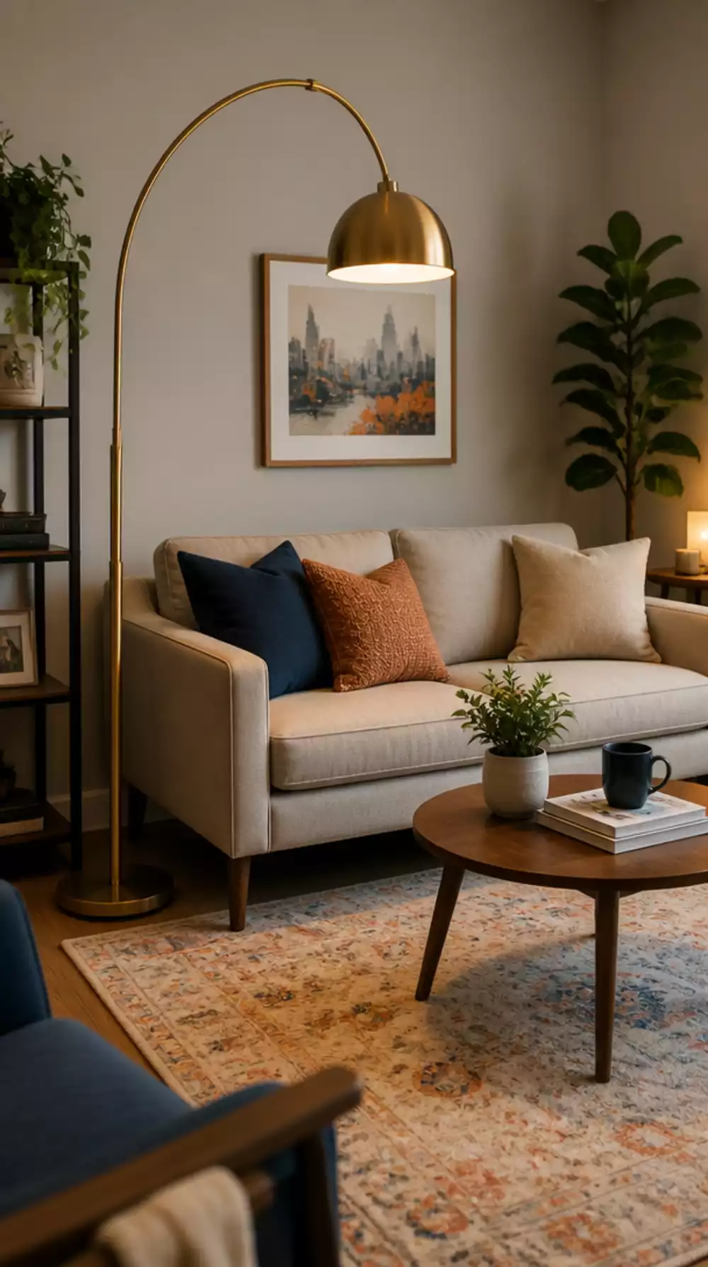 Small Living Room Arc Floor Lamp in Brushed Brass That Arcs Over a Tiny Compact Sofa