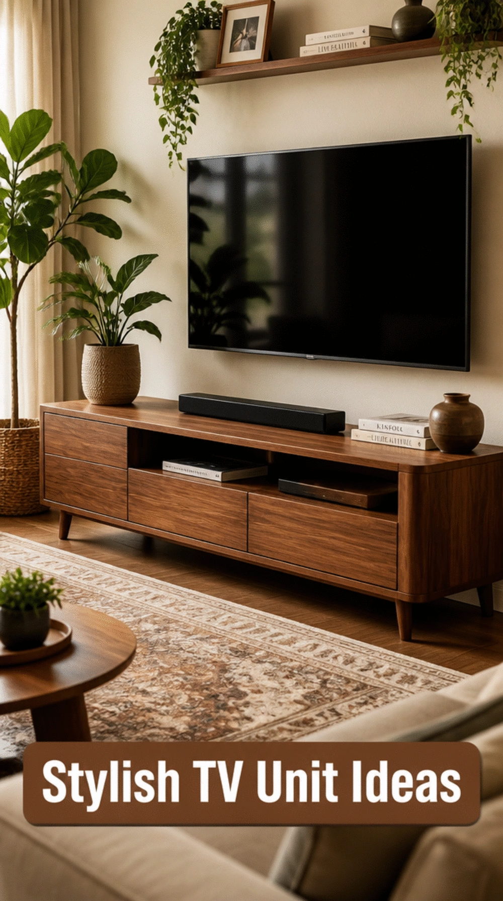 Small Living Room Solid Wood TV Unit in Warm Walnut That Grounds a Tiny Entertainment Wall