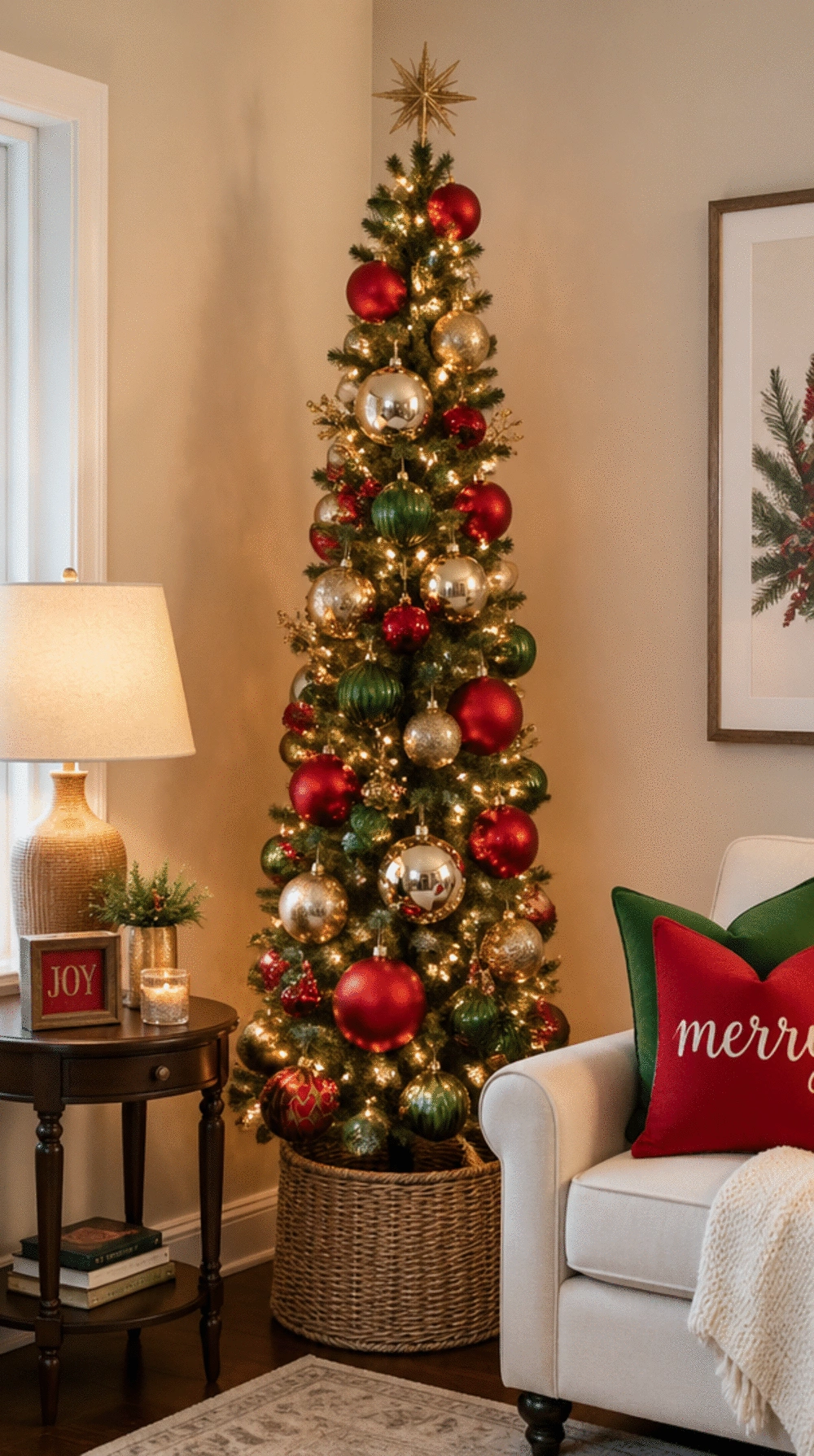Small Living Room Slim Christmas Tree in a Tiny Corner That Keeps the Floor Plan Open
