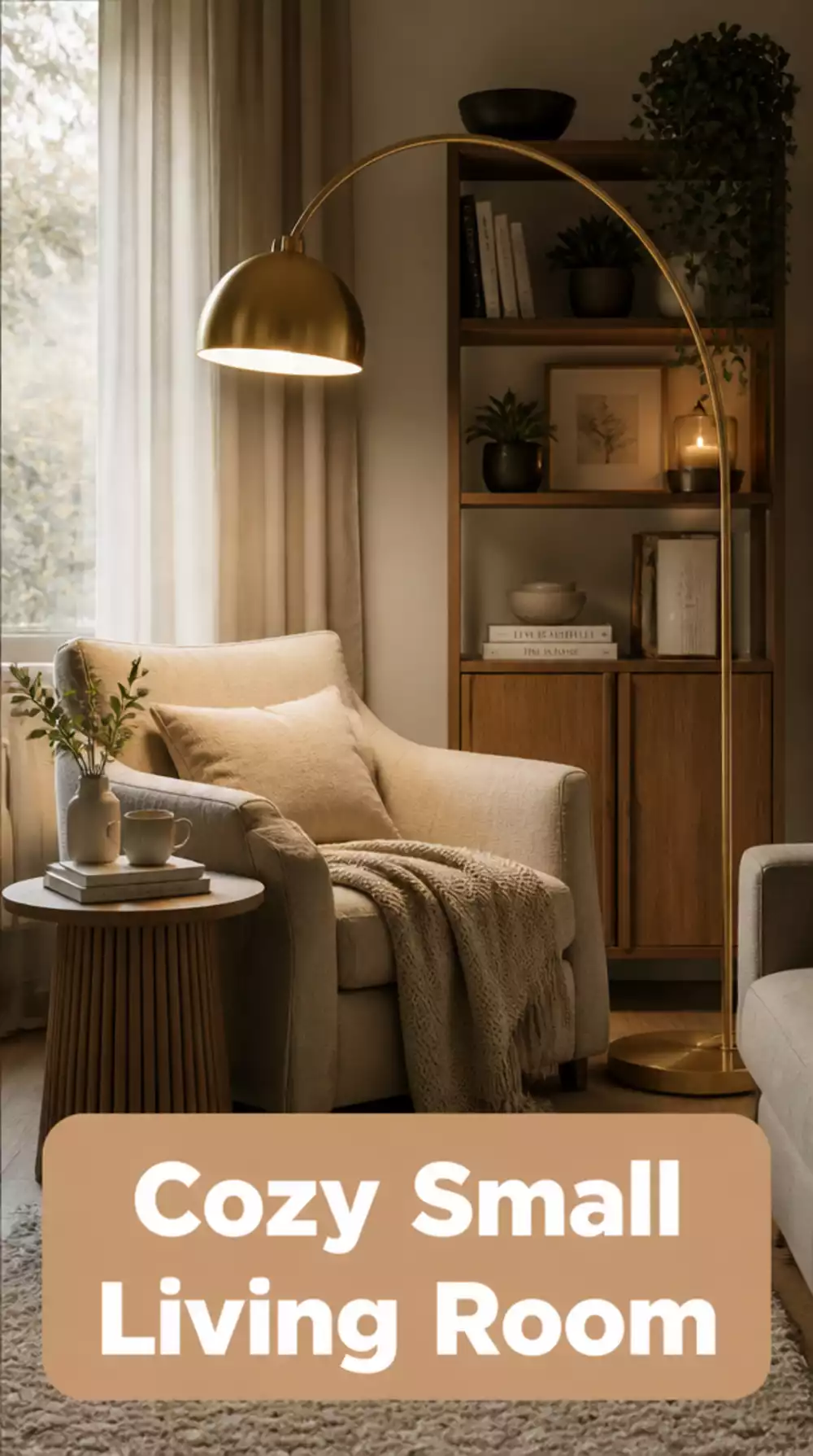 Living Room Statement Arc Floor Lamp in Brass for a Cozy Small Mid-Century Space