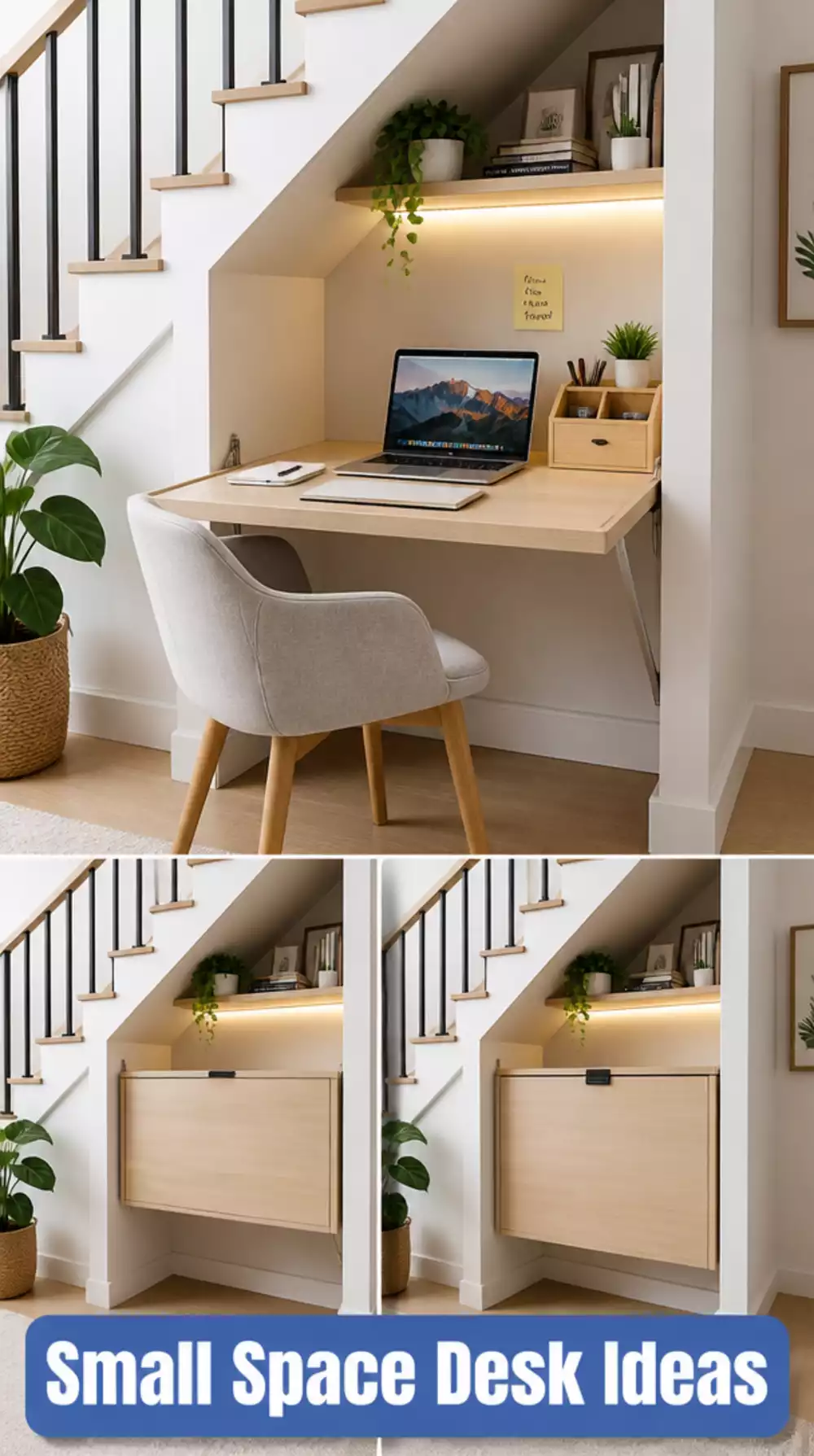 Living Room Under-Stair Desk Nook in a Small Space That Creates a Work Zone Without a Room