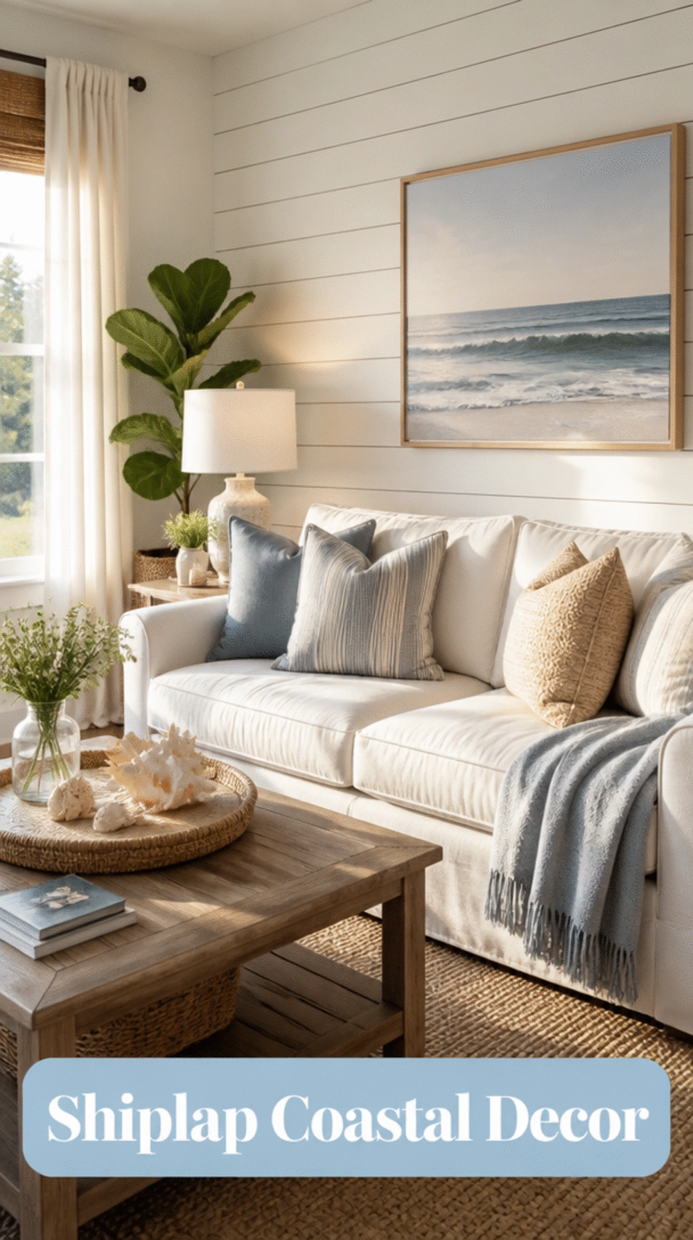 Living Room Shiplap Accent Wall Panel in White That Gives a Small Space a Hamptons Coastal Feel