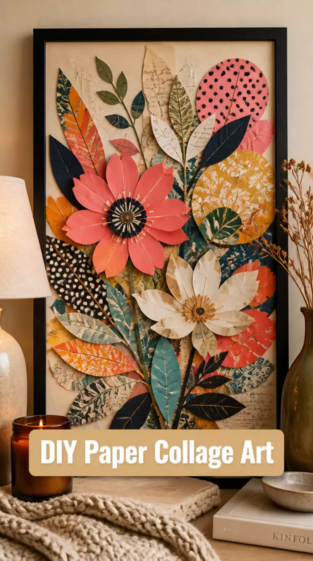 Living Room DIY Paper Collage Art in a Large Frame That Makes a Small Wall Look Styled