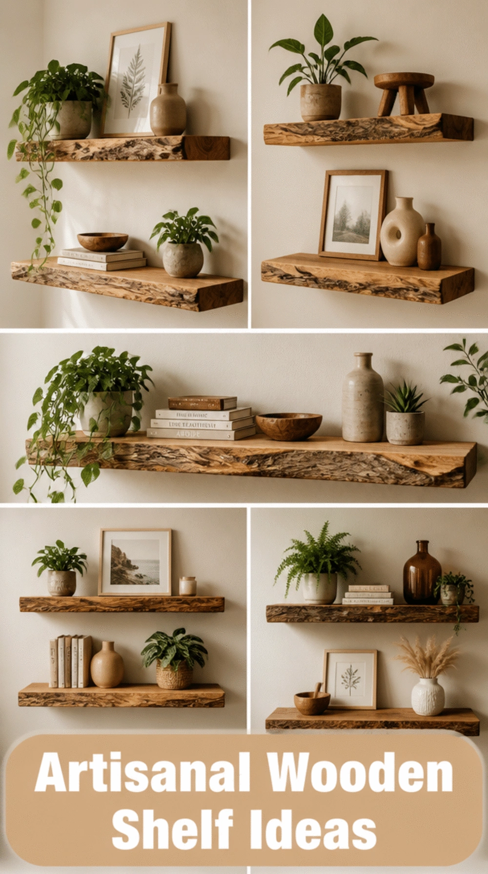 Living Room Raw Edge Wooden Shelf Slab on a Small Wall That Makes a Tiny Space Feel Artisanal