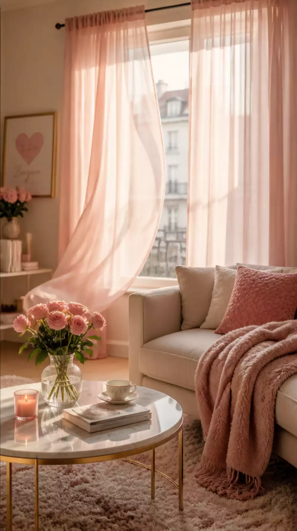 Living Room Pale Pink Linen Curtain in a Small Space That Filters Light With a Rosy Warm Glow