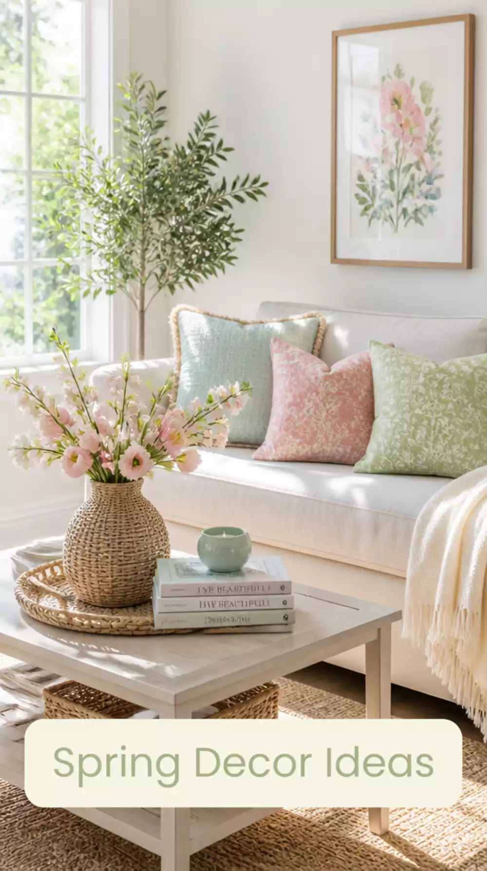 Small Living Room Spring Refresh With Blossom Stems and a New Cushion Cover