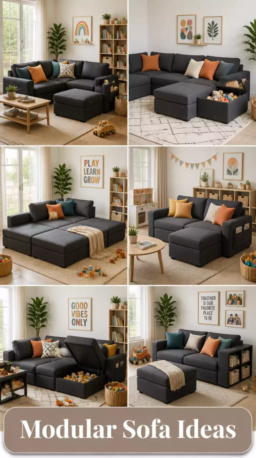 Living Room Modular Sofa in Dark Linen That Adapts to a Growing Small Family Space