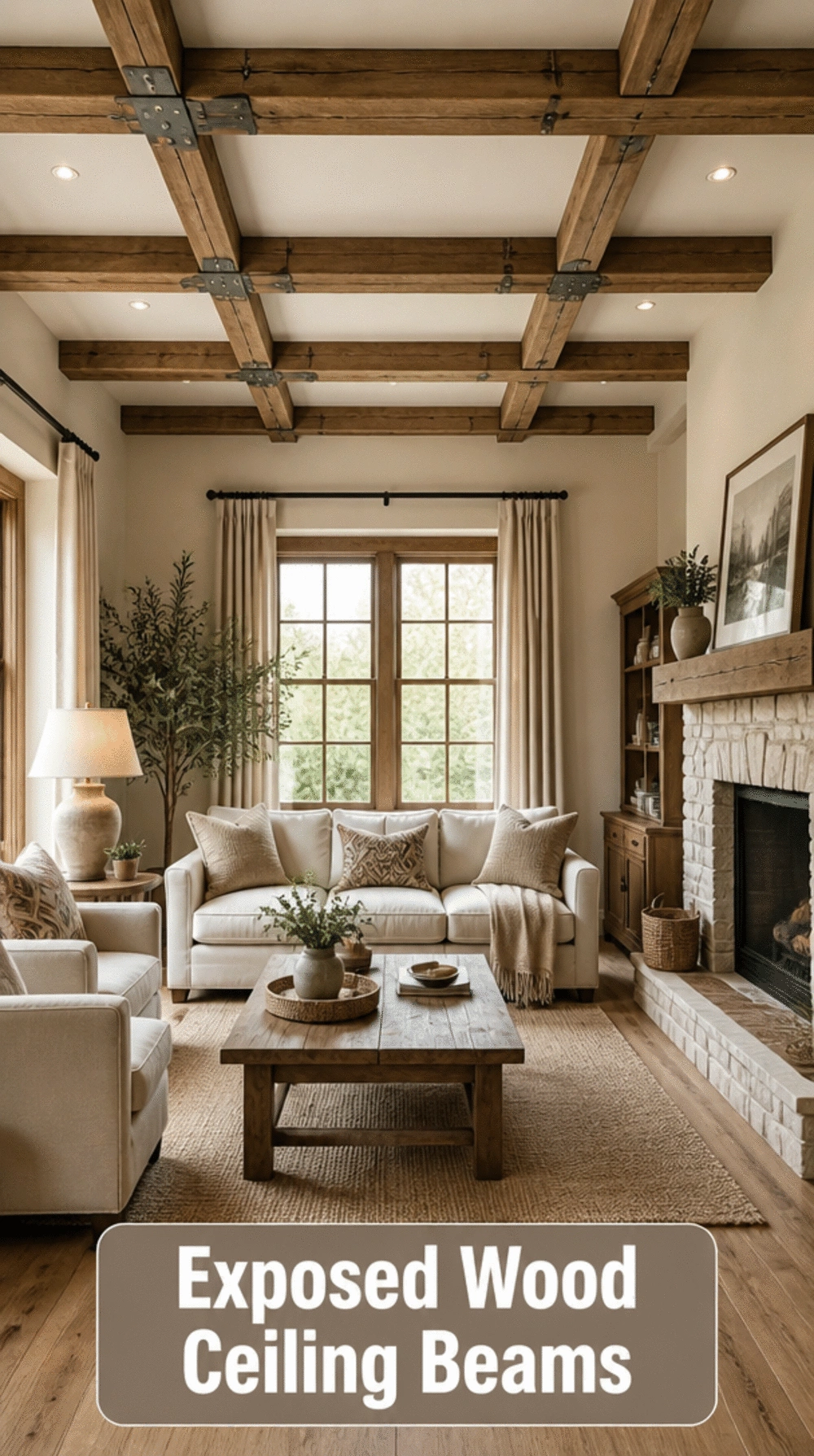 Living Room Exposed Wood Ceiling Beam in a Small Compact Room That Adds Architectural Character