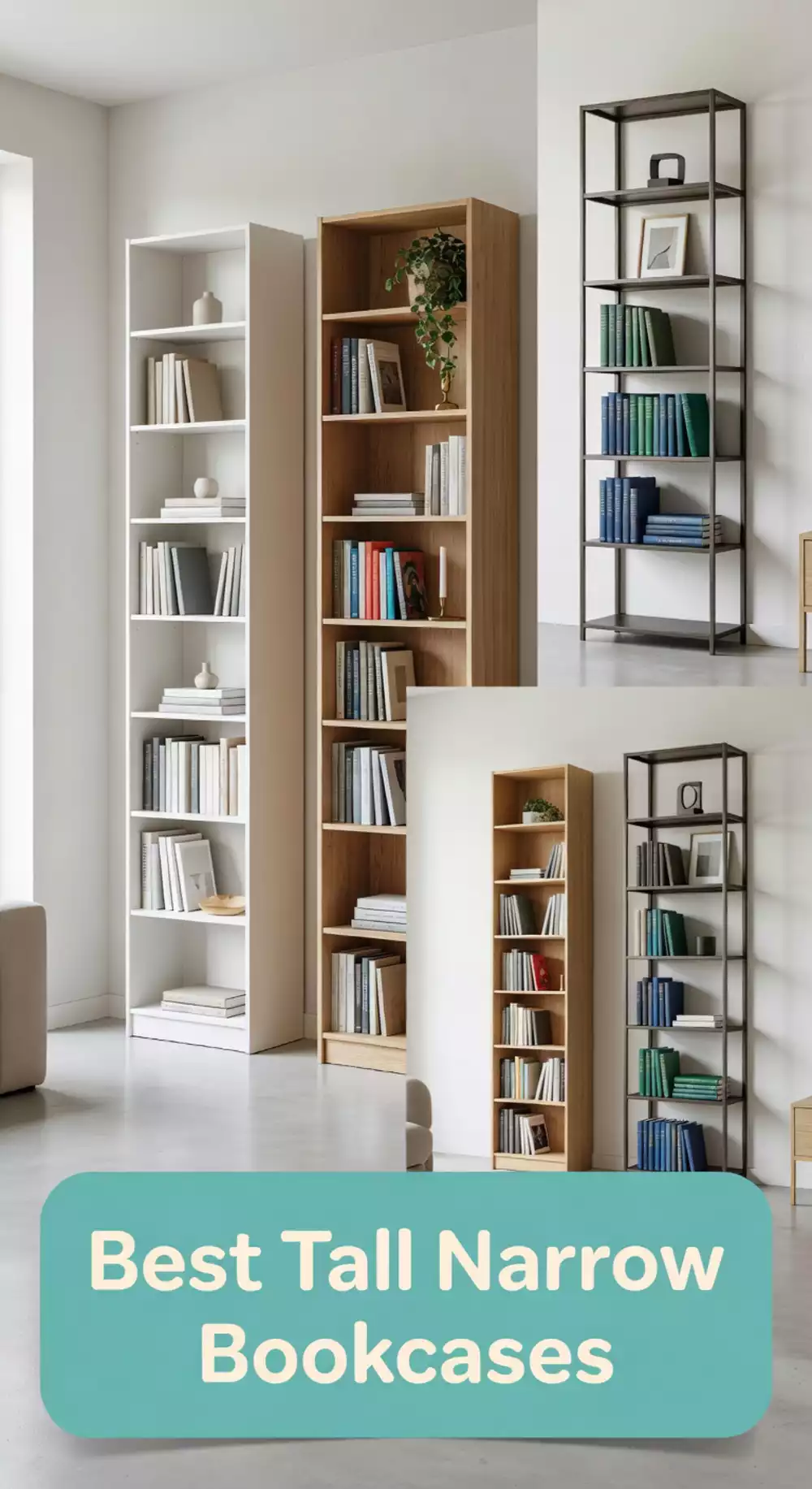 Small Living Room Tall Narrow Bookcase That Draws the Eye Up in a Compact Room