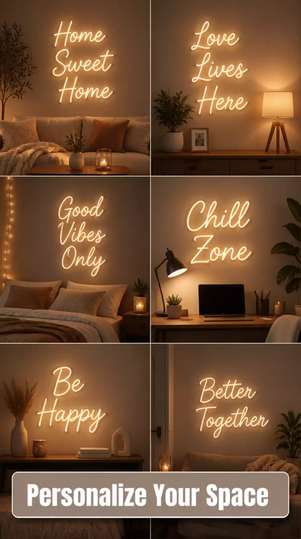 Living Room Neon Word Sign in Soft Warm White That Personalizes a Small Space