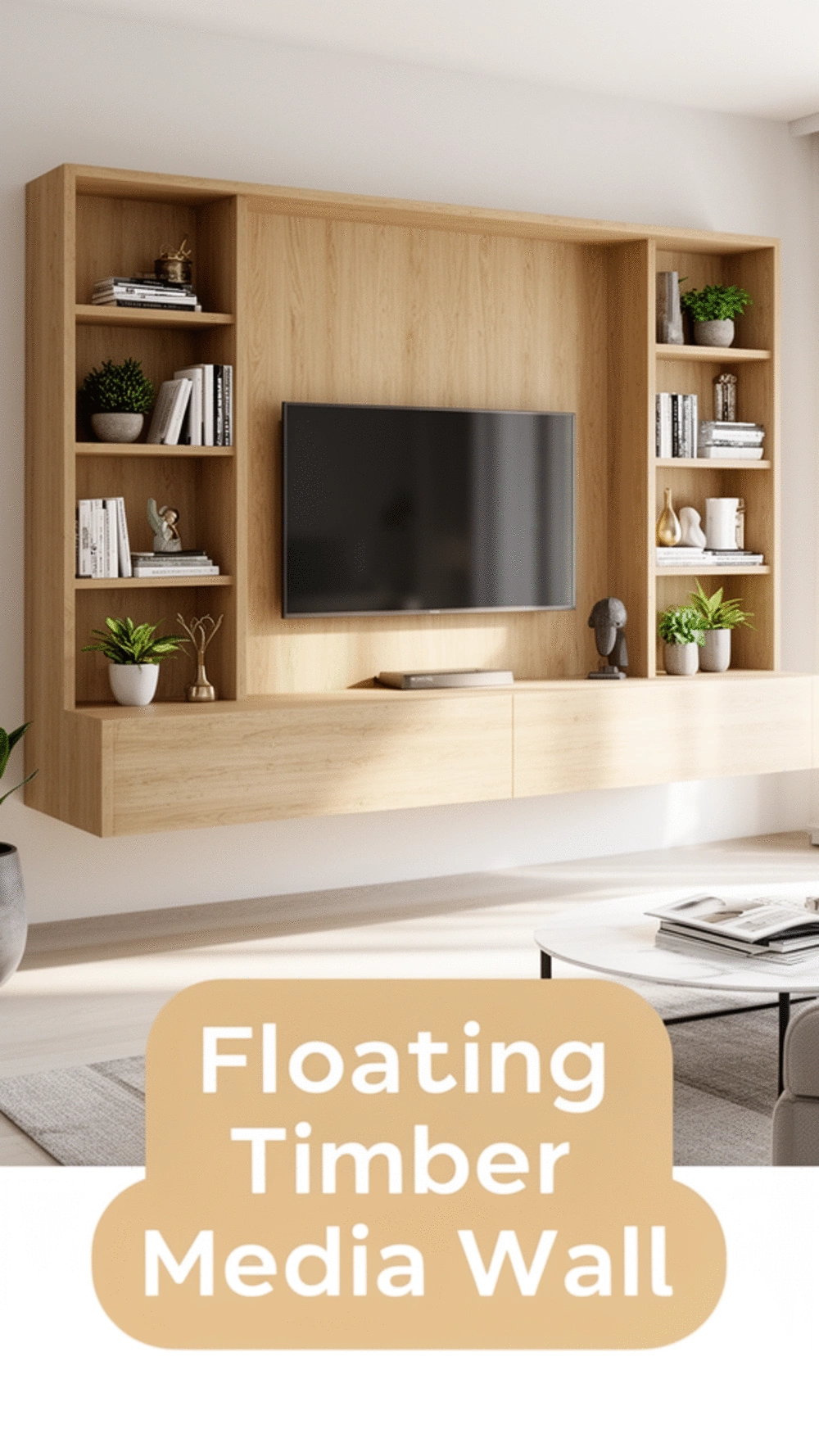 Living Room Floating Timber Media Wall That Combines TV and Open Shelving