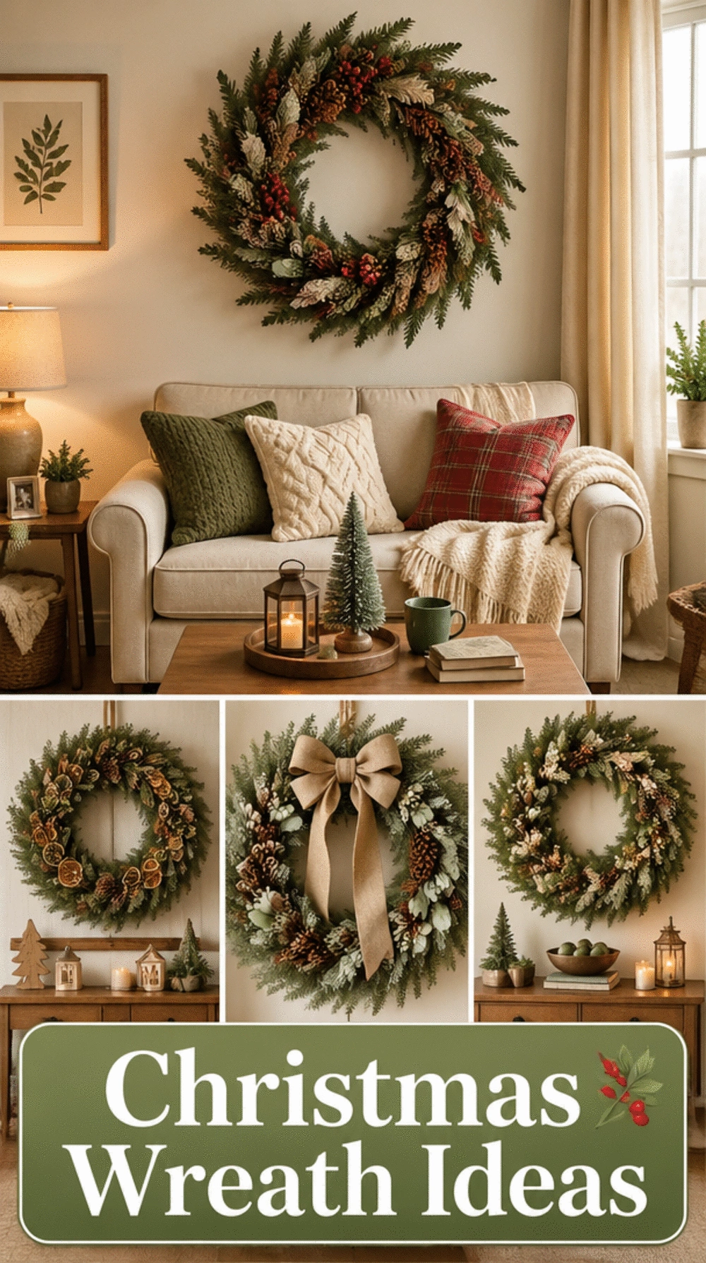 Living Room Christmas Botanical Wreath on the Wall Above a Small Compact Sofa Display