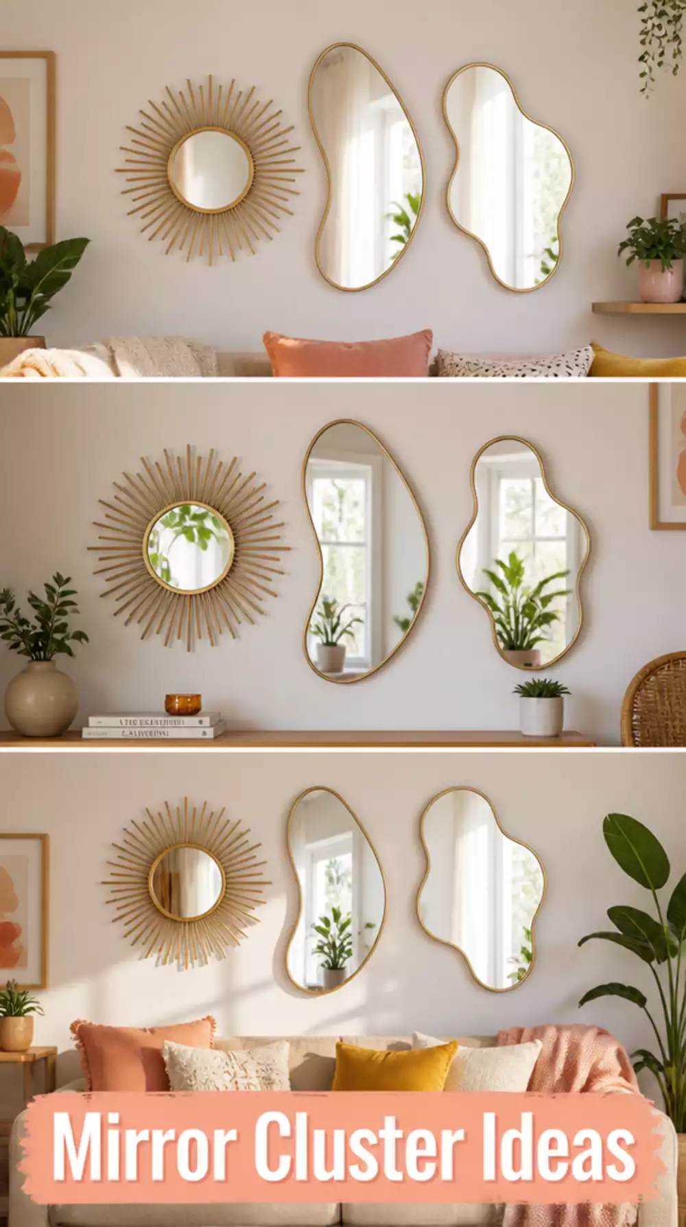 Small Living Room Mirror Cluster of Three That Fills a Tiny Blank Wall With Reflected Light