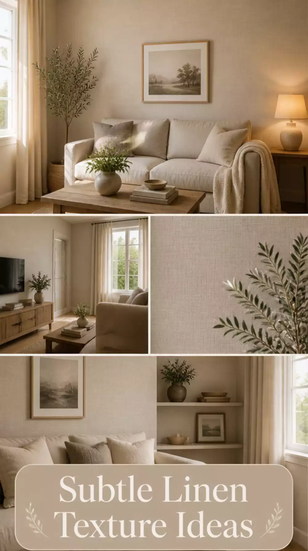 Living Room Subtle Linen-Texture Wallpaper in Warm Greige That Gives a Small Space Tactile Depth