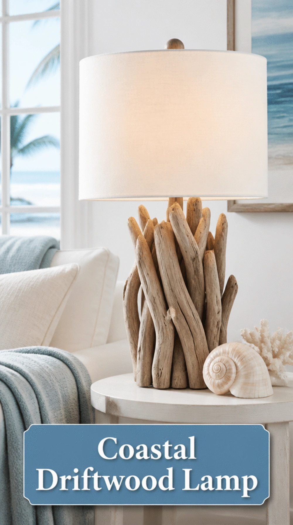 Small Living Room Driftwood Table Lamp Base in a Tiny Coastal Space That Feels Collected