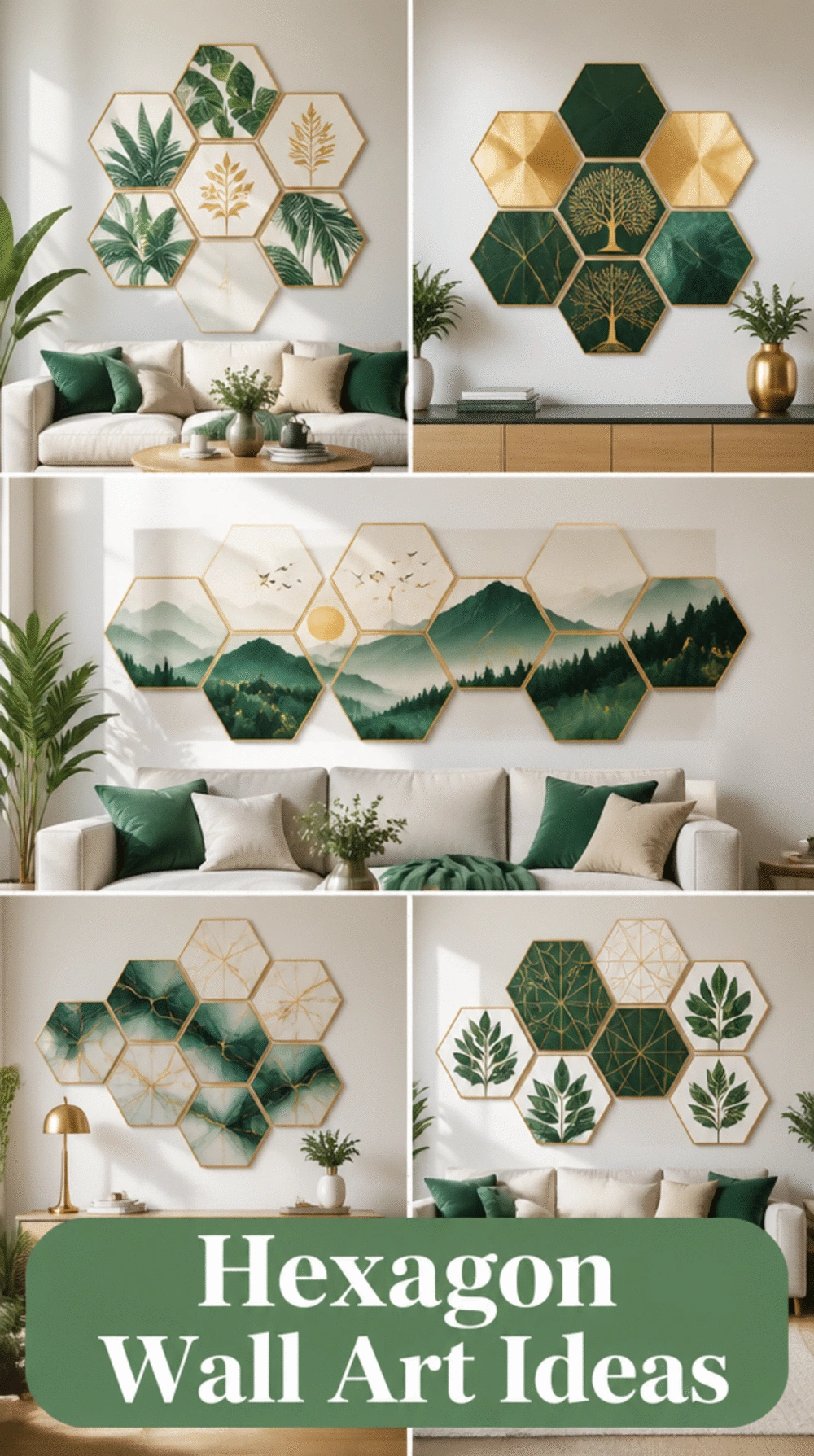 Living Room Hexagon Wall Art Print Cluster That Adds Structure to a Small Blank Wall