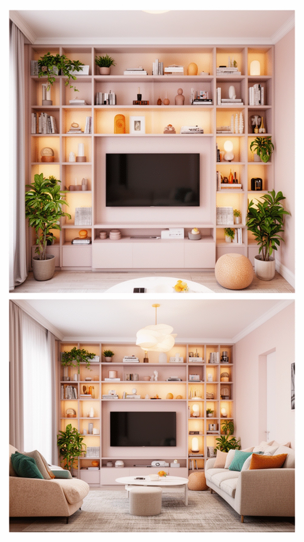 Living Room Floor-to-Ceiling Shelving Unit That Frames a Wall-Mounted TV