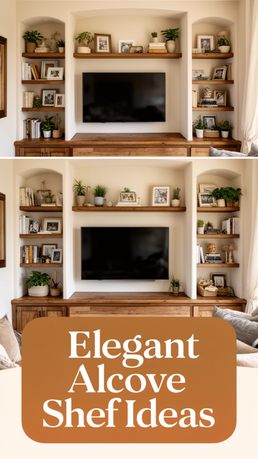 Small Living Room Built-In Alcove Shelf Flanking the TV for Display and Storage