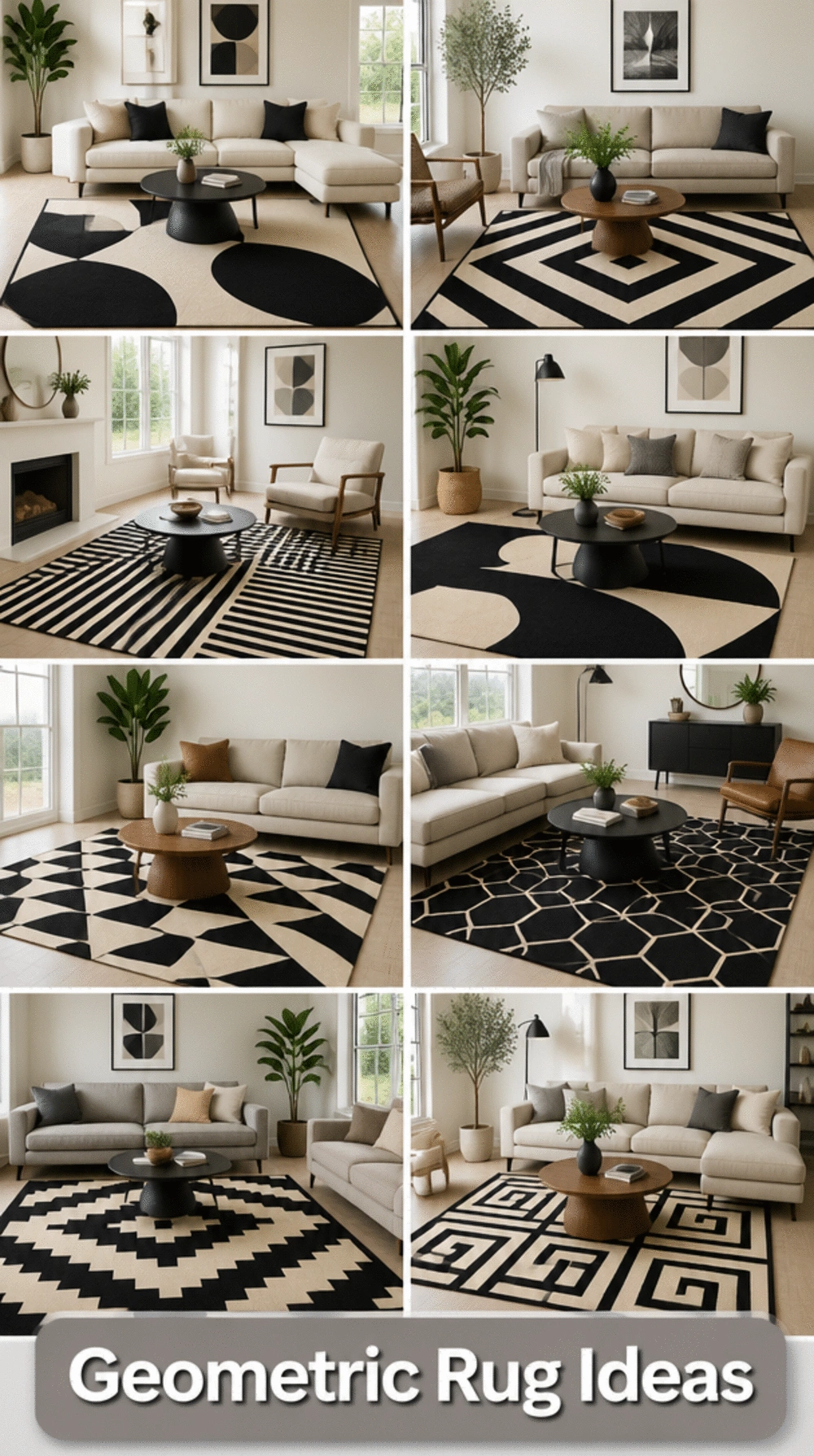 Small Living Room Geometric Area Rug in Black and Cream That Defines a Tiny Floor Plan