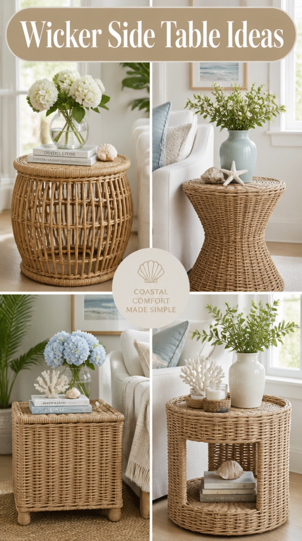Small Living Room Wicker Side Table in a White Hamptons Space That Brings Natural Warmth In