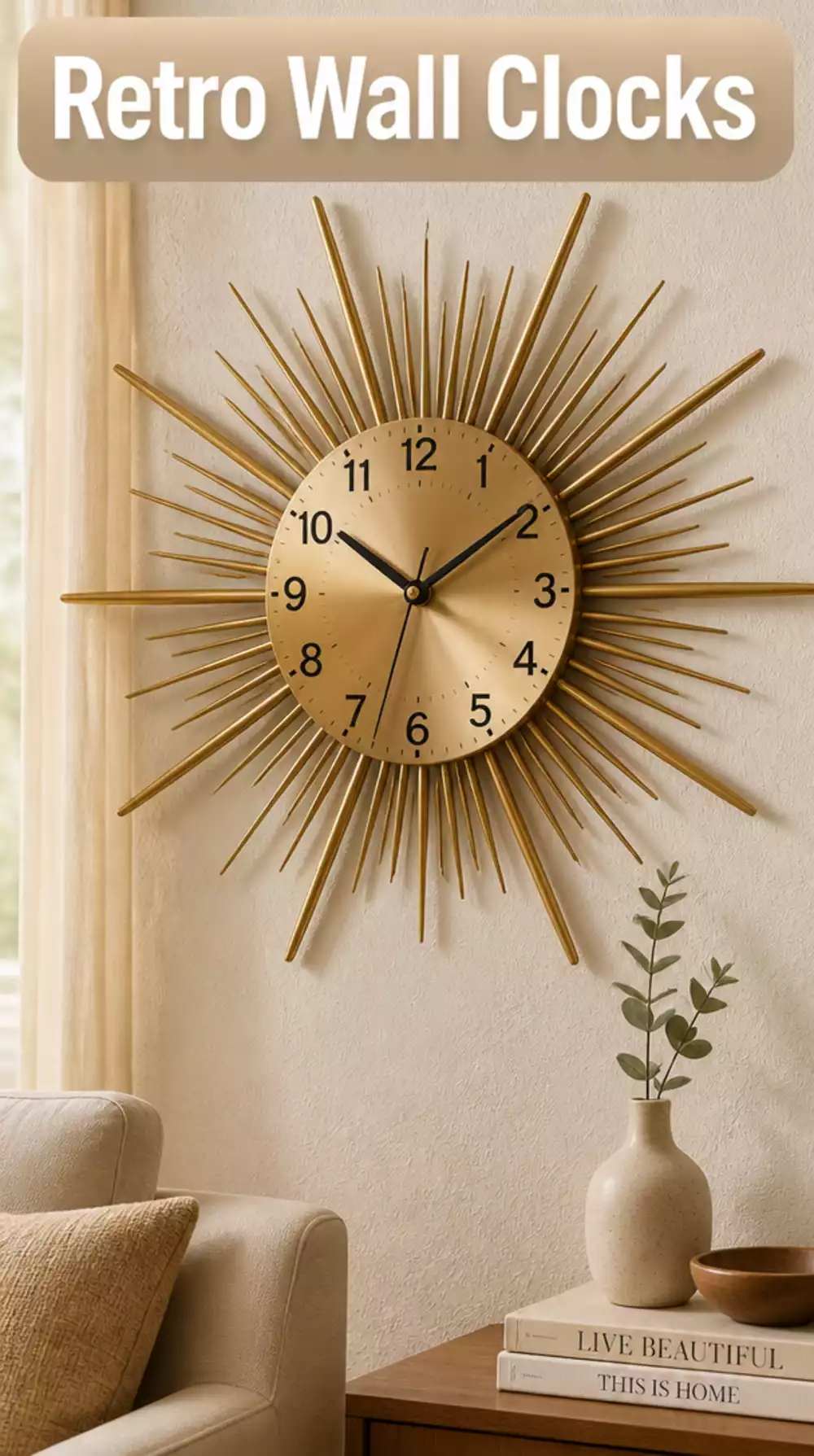 Living Room Sunburst Wall Clock in Brushed Gold That Accents a Small Retro Space