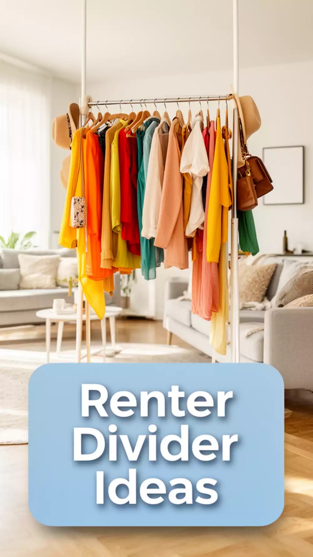 Living Room Freestanding Clothes Rail Used as a Renter Divider in a Small Open-Plan Space