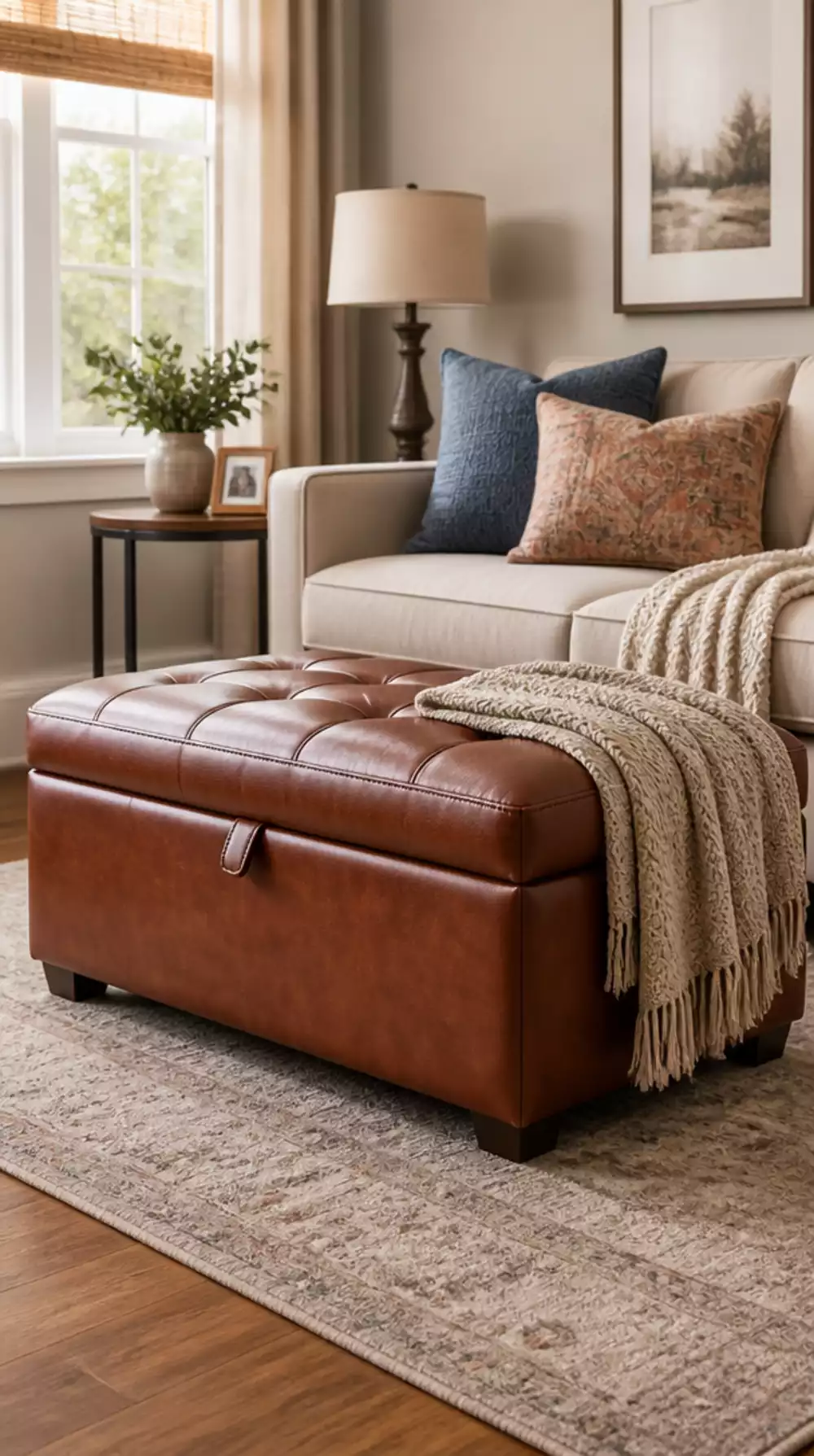 Living Room Leather Ottoman With Storage in a Small Compact Space That Hides Blankets Neatly