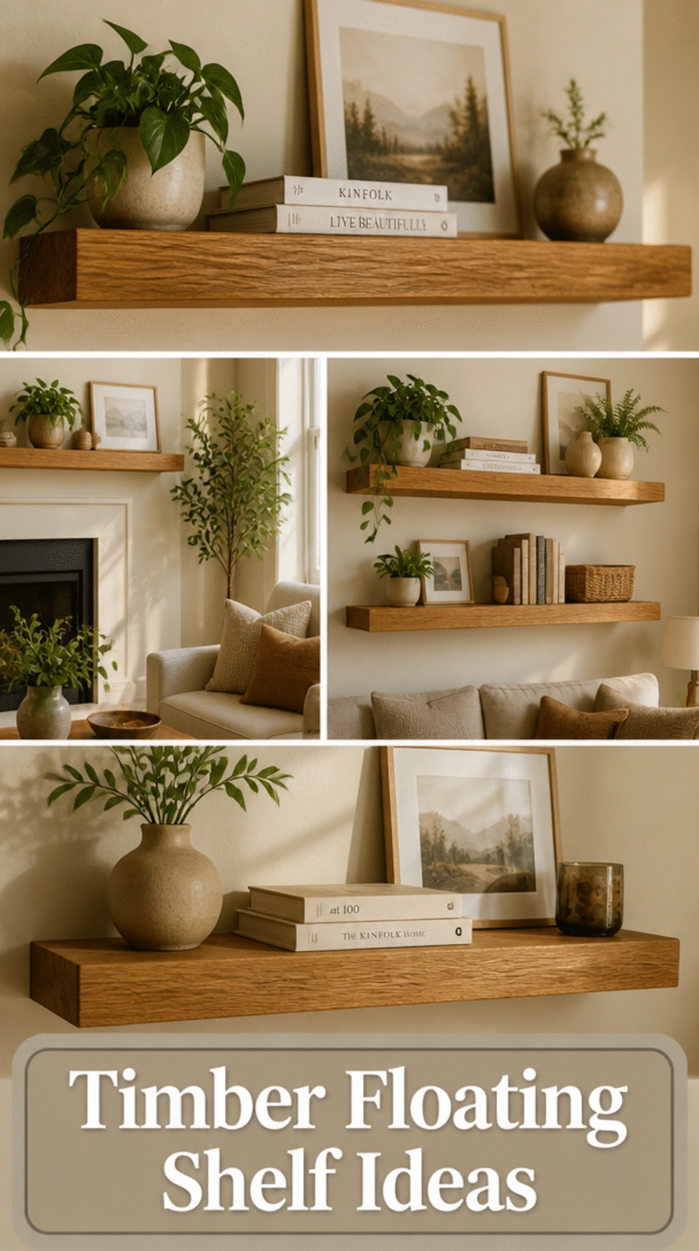 Small Living Room Timber Floating Shelf in Warm Oak That Anchors a Tiny Wall With Natural Tone