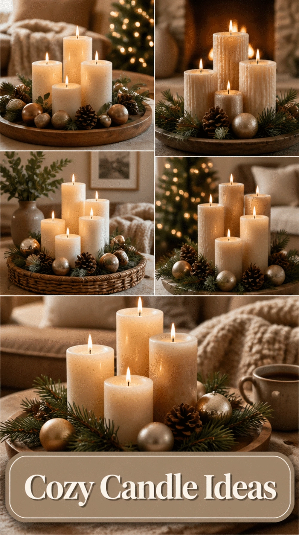 Living Room Scented Pillar Candle Cluster on a Small Coffee Table for a Cozy Christmas Feel