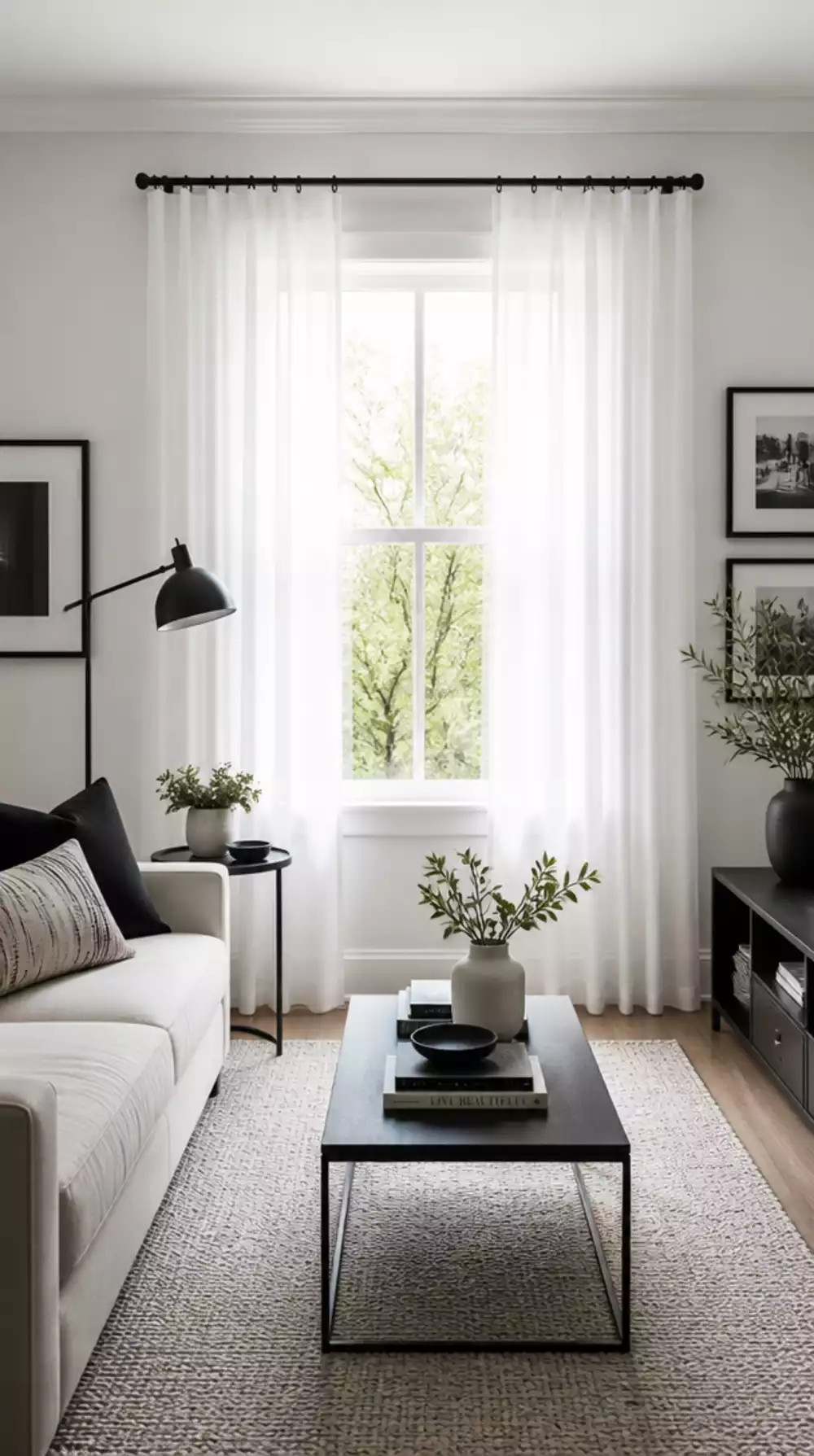Small Living Room Black Curtain Rod With White Sheer Panels That Frames a Tiny Window Sharply
