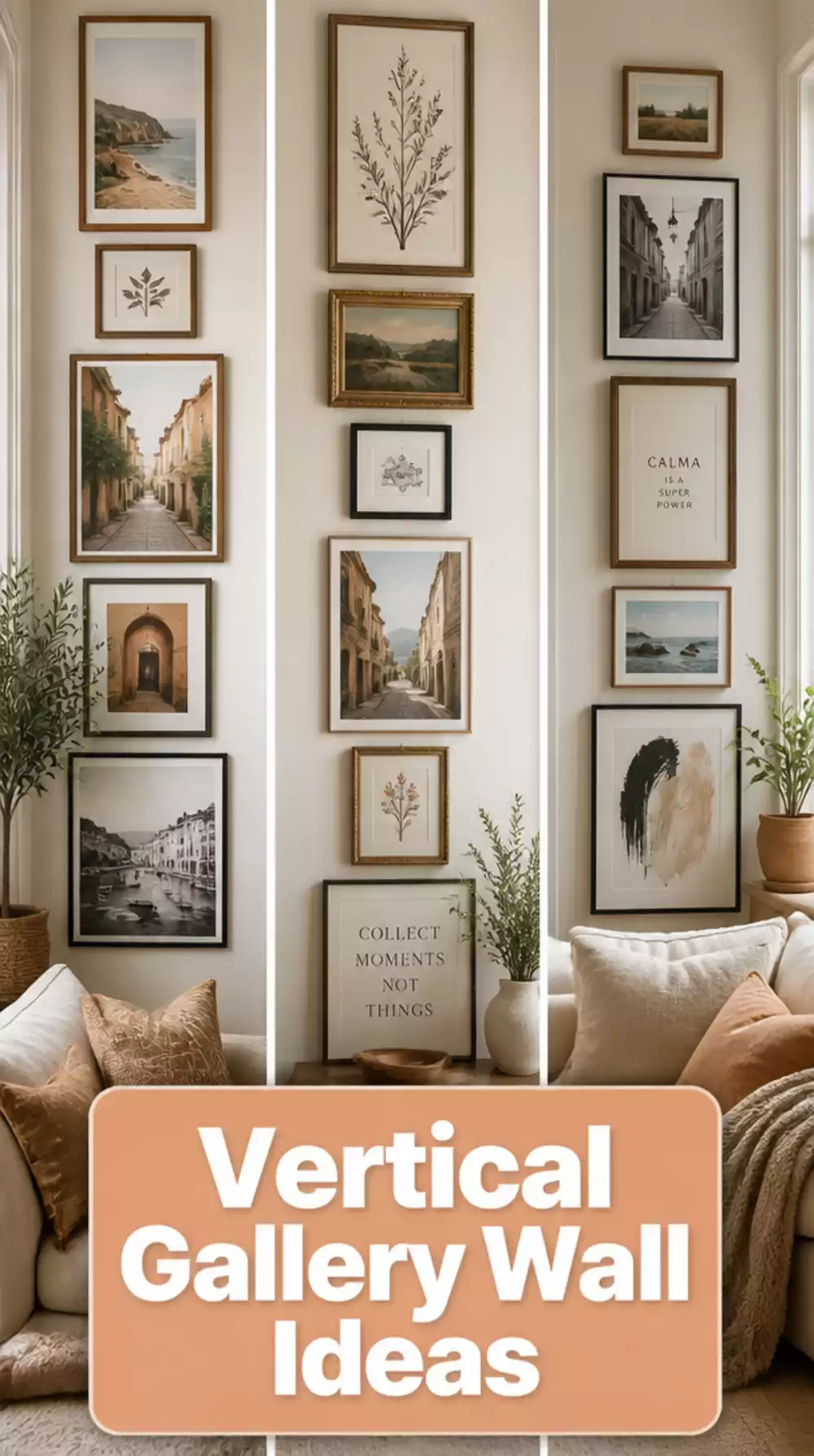 Living Room Vertical Gallery Wall That Makes a Narrow Small Space Feel Taller